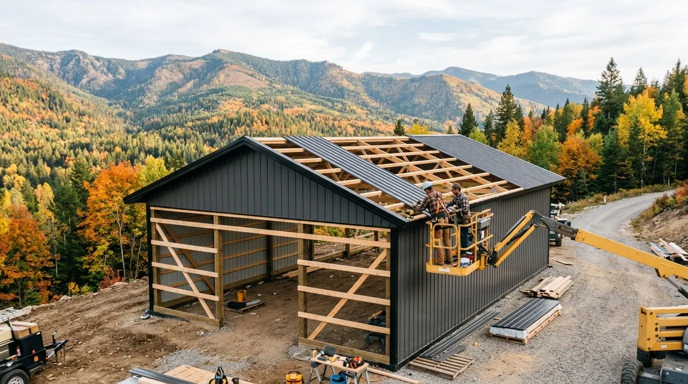 A part-built pole barn with dark metal siding and an open timber frame, two builders working from a boom lift on the half-sheeted roof, set on a cleared mountainside with forested autumn ridges behind.
