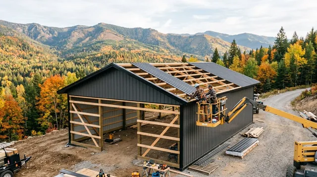 A part-built pole barn with dark metal siding and an open timber frame, two builders working from a boom lift on the half-sheeted roof, set on a cleared mountainside with forested autumn ridges behind.